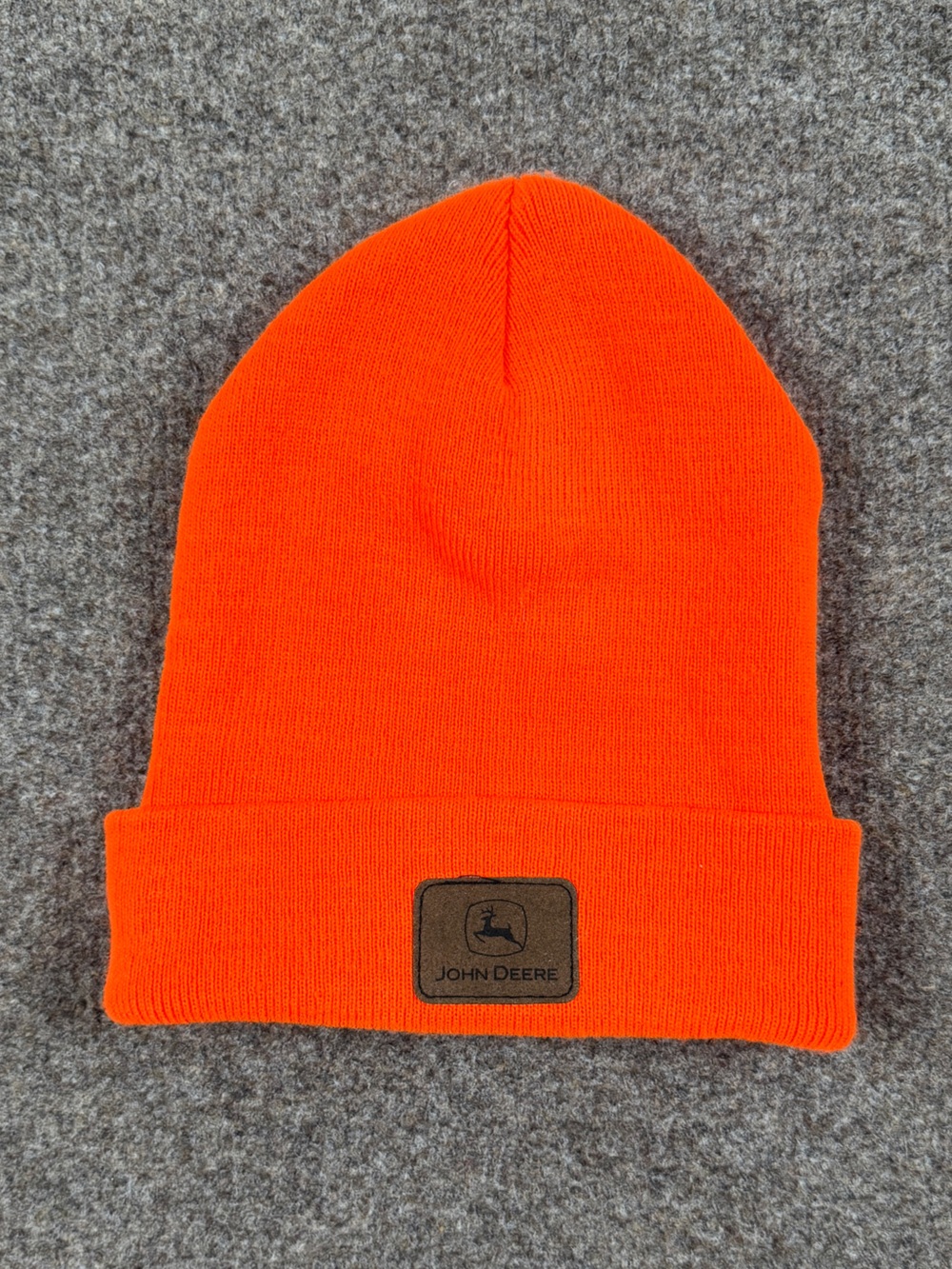 John Deere Orange Cuffed Beanie Leather Patch Warm Winter Construction Hat NWOT